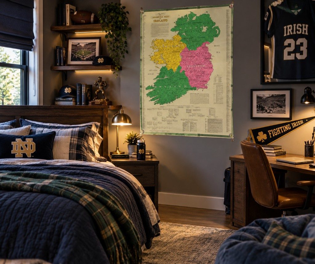 The Kane Ancestral Map of Ireland displayed unframed in a bedroom