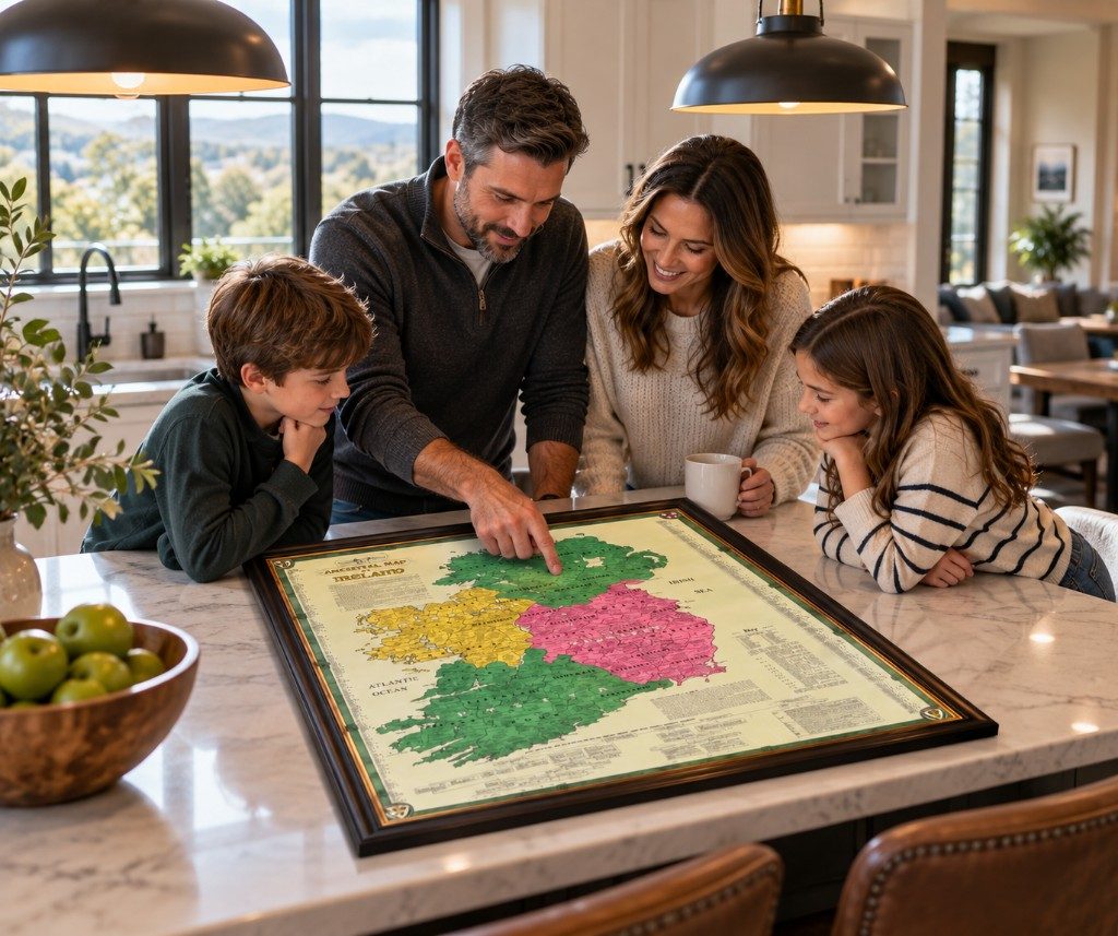 A family gathered around the Kane Ancestral Map of Ireland on a kitchen island