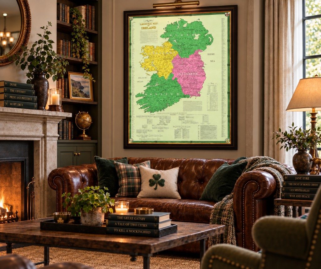 The Kane Ancestral Map of Ireland framed above a sofa in a private living room